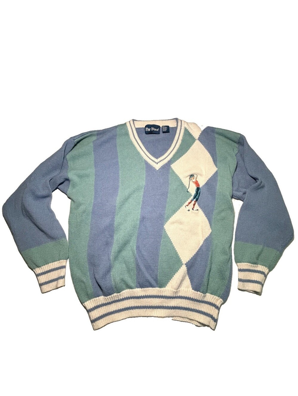 Par Four Vintage 80s Pastel Argyle Golfer Embroidered V-Neck Sweater - Large